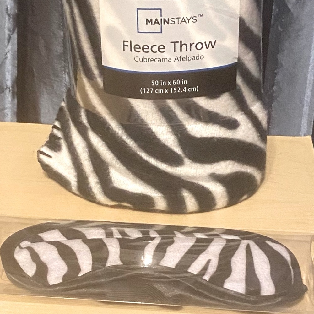Fleece Zebra Print Blanket with Matching Eye Mask